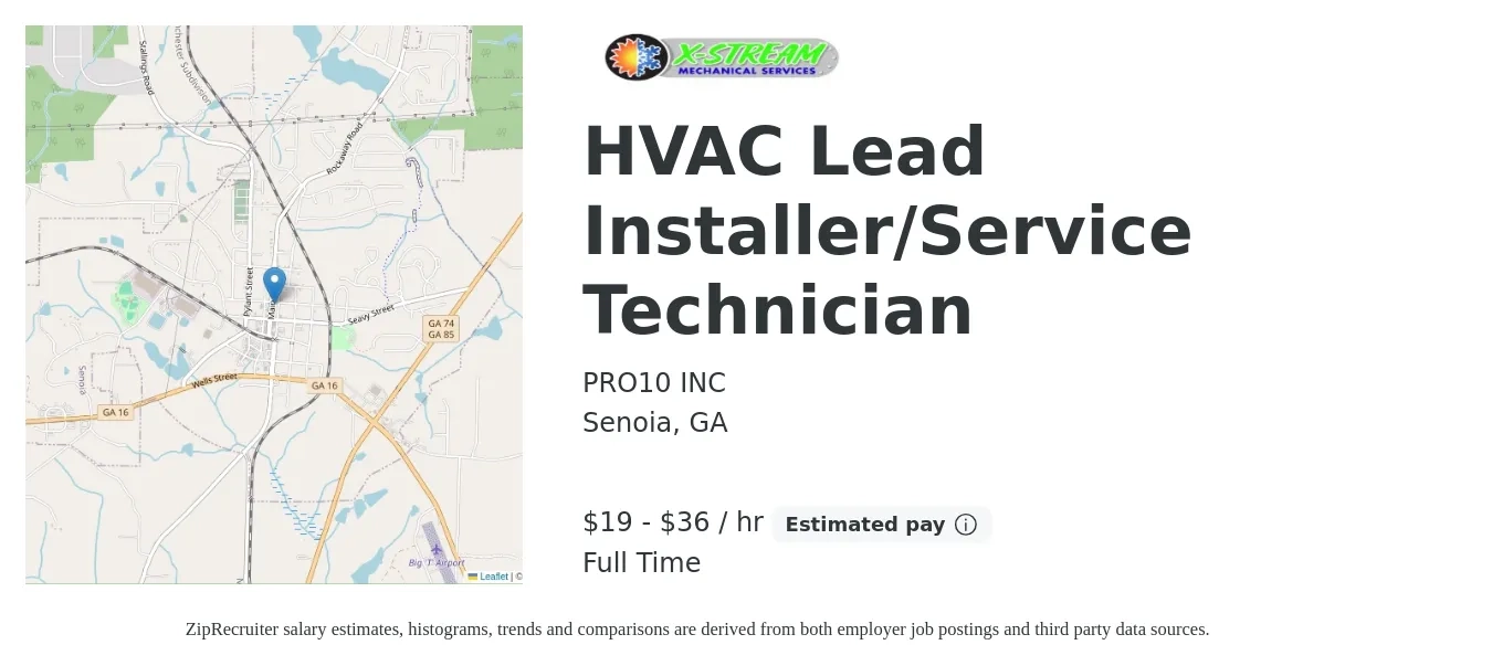 PRO10 INC job posting for a HVAC Lead Installer/Service Technician in Senoia, GA with a salary of $20 to $38 Hourly with a map of Senoia location.