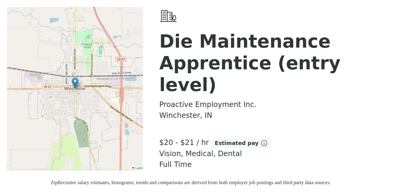 Proactive Employment Inc. job posting for a Die Maintenance Apprentice (entry level) in Winchester, IN with a salary of $21 to $22 Hourly and benefits including life_insurance, medical, retirement, vision, and dental with a map of Winchester location.