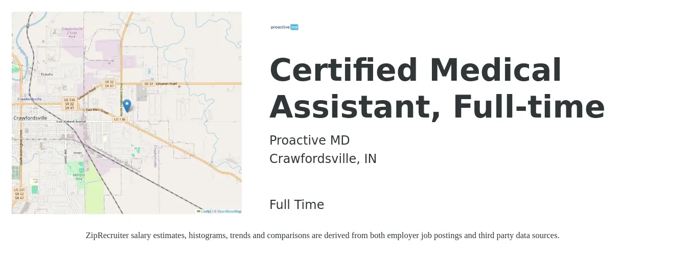 Proactive MD job posting for a Certified Medical Assistant, Full-time in Crawfordsville, IN with a salary of $16 to $22 Hourly with a map of Crawfordsville location.