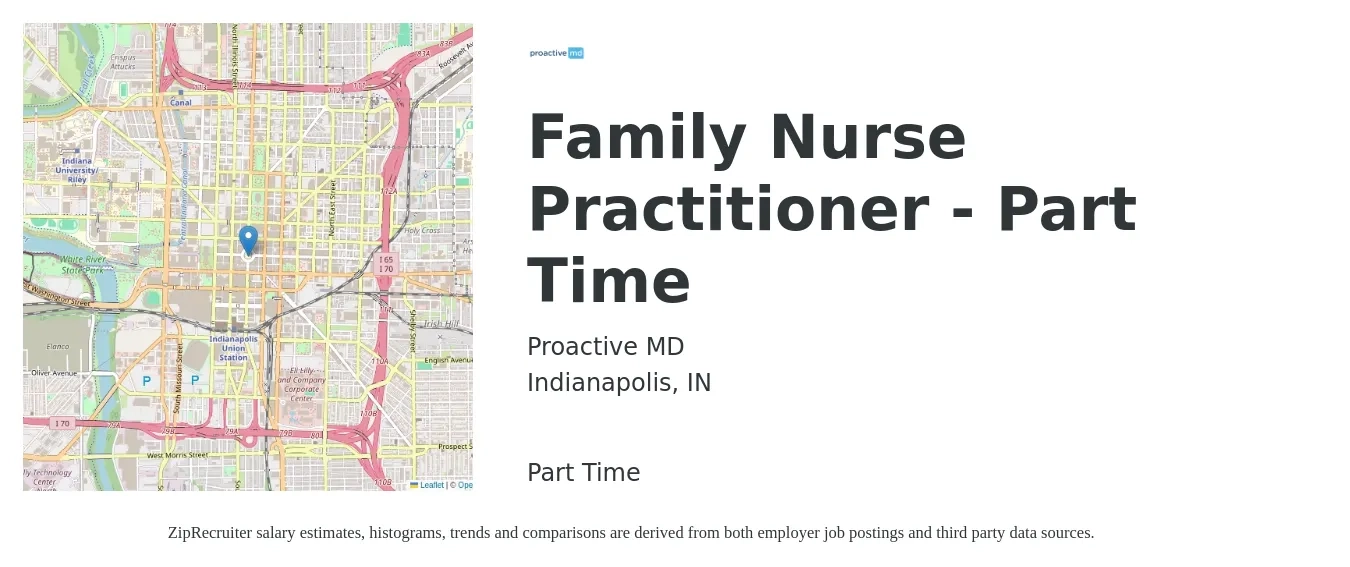 Proactive MD job posting for a Family Nurse Practitioner - Part Time in Indianapolis, IN with a salary of $105,600 to $133,800 Yearly with a map of Indianapolis location.