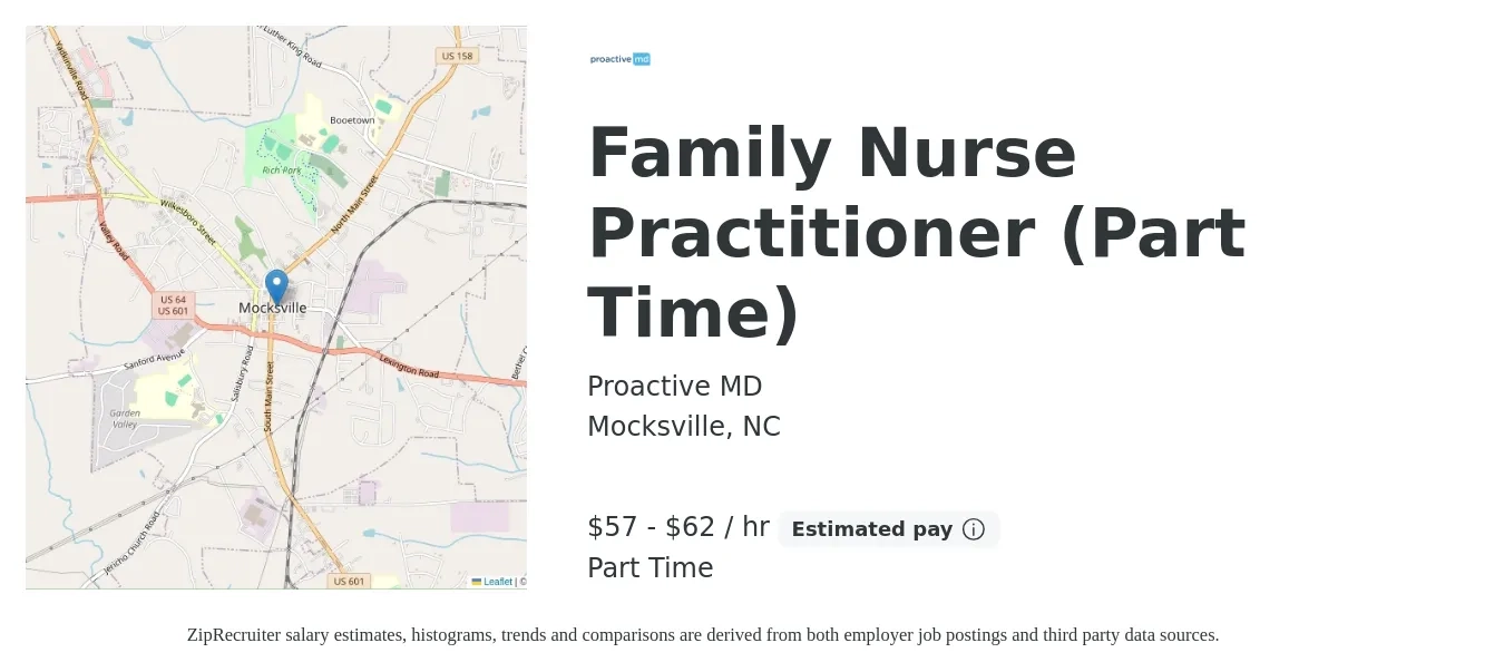 Proactive MD job posting for a Family Nurse Practitioner (Part Time) in Mocksville, NC with a salary of $60 to $65 Hourly with a map of Mocksville location.