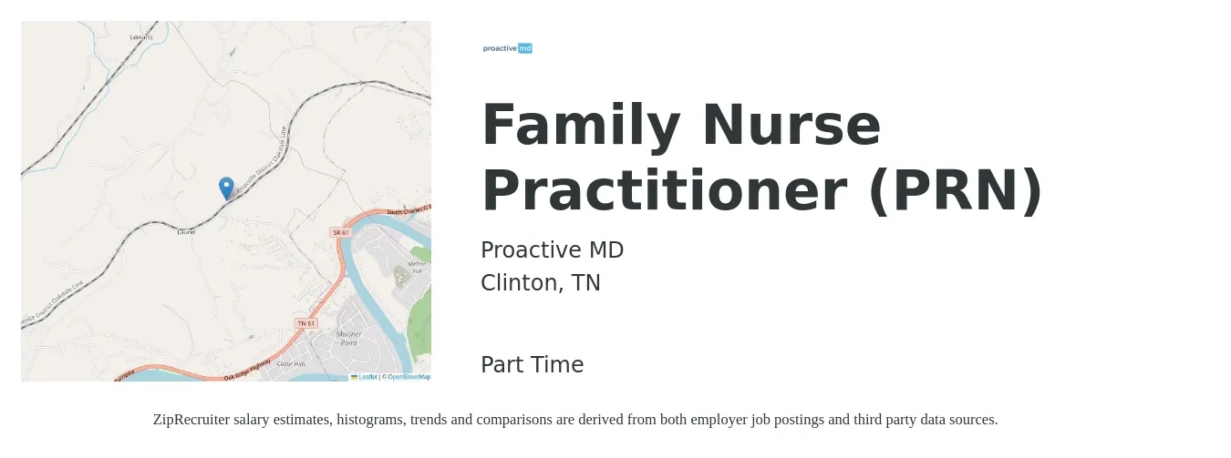 Proactive MD job posting for a Family Nurse Practitioner (PRN) in Clinton, TN with a salary of $90,500 to $114,700 Yearly with a map of Clinton location.