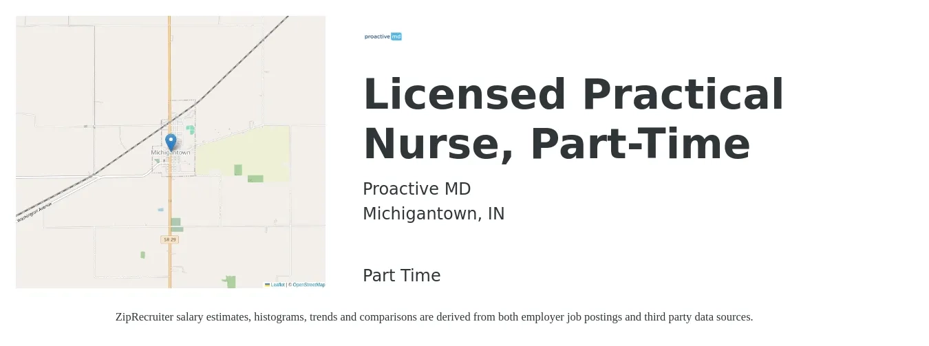 Proactive MD job posting for a Licensed Practical Nurse, Part-Time in Michigantown, IN with a salary of $24 to $33 Hourly with a map of Michigantown location.