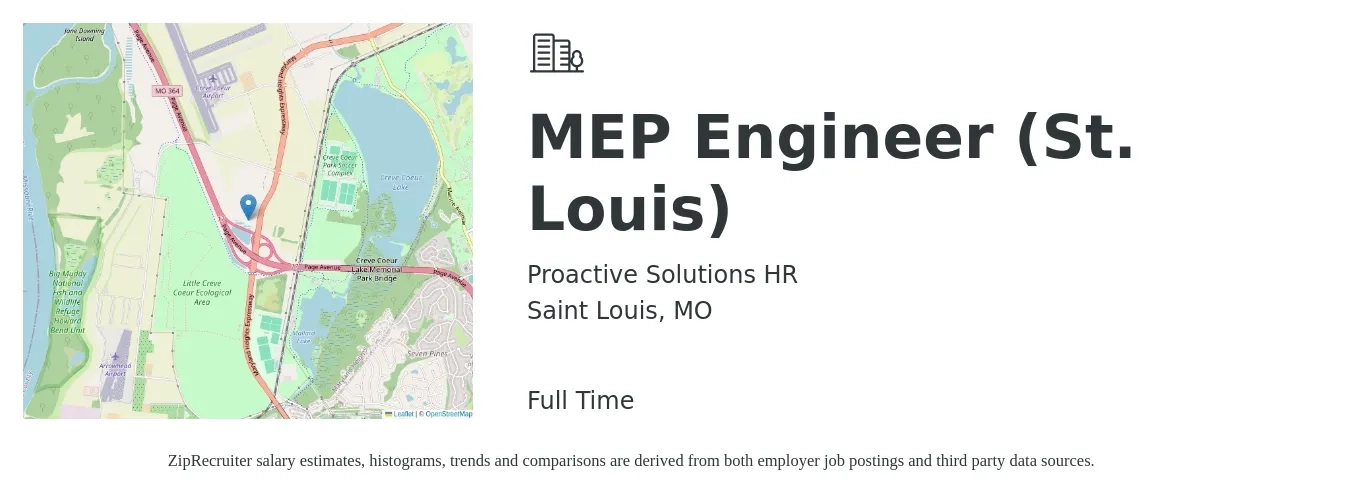Proactive Solutions HR job posting for a MEP Engineer (St. Louis) in Saint Louis, MO with a salary of $79,200 to $123,000 Yearly with a map of Saint Louis location.