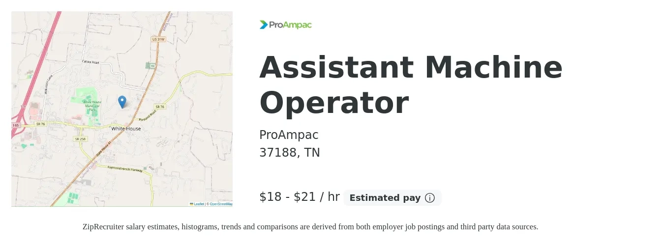 ProAmpac job posting for a Assistant Machine Operator in 37188, TN with a salary of $19 to $22 Hourly with a map of 37188 location.