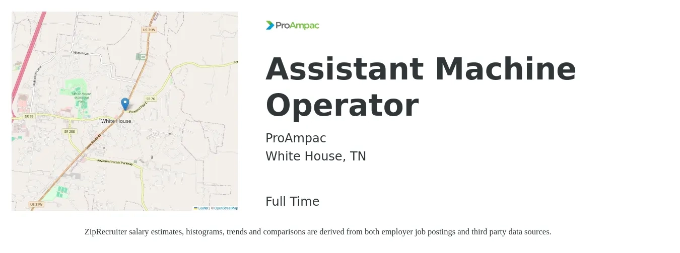 ProAmpac job posting for a Assistant Machine Operator in White House, TN with a salary of $19 to $22 Hourly with a map of White House location.