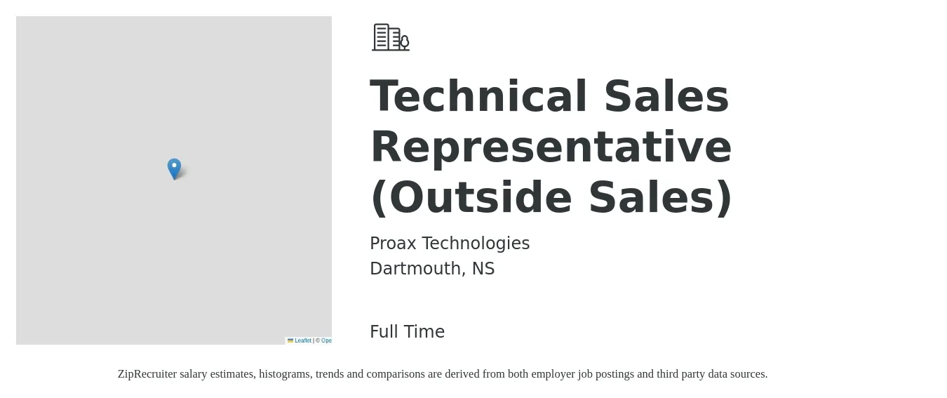 Proax Technologies job posting for a Technical Sales Representative (Outside Sales) in Dartmouth, NS with a salary of $50,000 to $65,000 Yearly with a map of Dartmouth location.