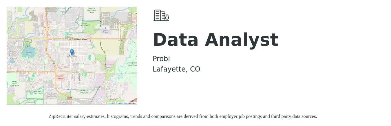 Probi job posting for a Data Analyst in Lafayette, CO with a salary of $29 to $33 Hourly with a map of Lafayette location.