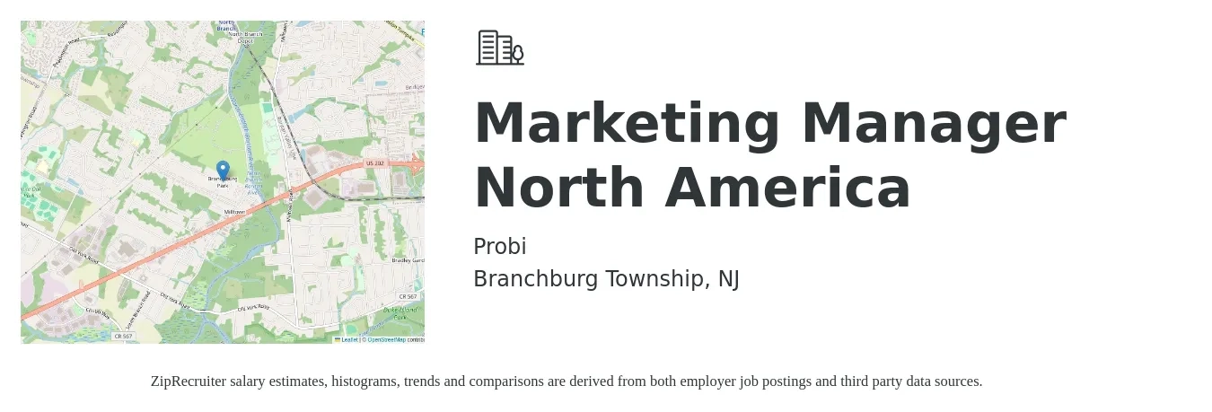Probi job posting for a Marketing Manager North America in Branchburg Township, NJ with a salary of $120,000 to $135,000 Yearly with a map of Branchburg Township location.