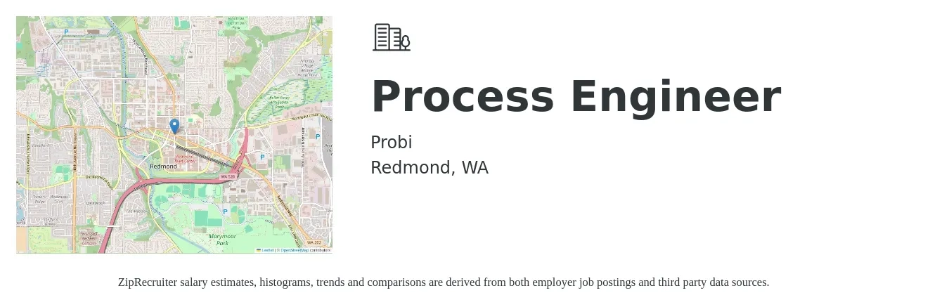 Probi job posting for a Process Engineer in Redmond, WA with a salary of $80,000 to $120,000 Yearly with a map of Redmond location.