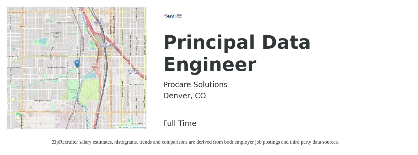 Procare Solutions job posting for a Principal Data Engineer in Denver, CO with a salary of $160,000 to $185,000 Yearly with a map of Denver location.