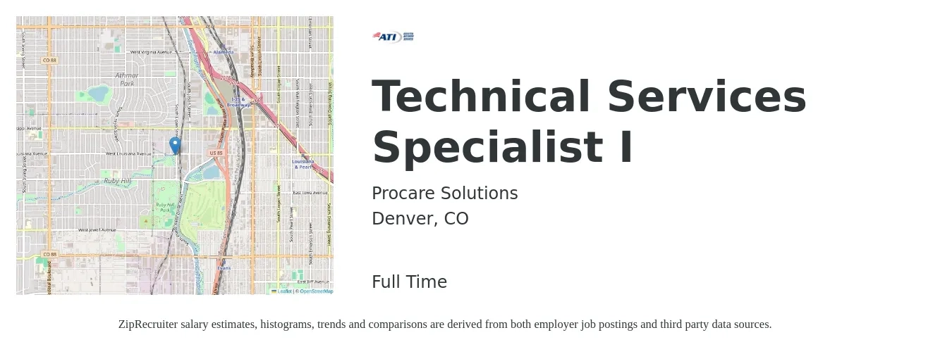 Procare Solutions job posting for a Technical Services Specialist I in Denver, CO with a salary of $55,000 to $60,000 Yearly with a map of Denver location.