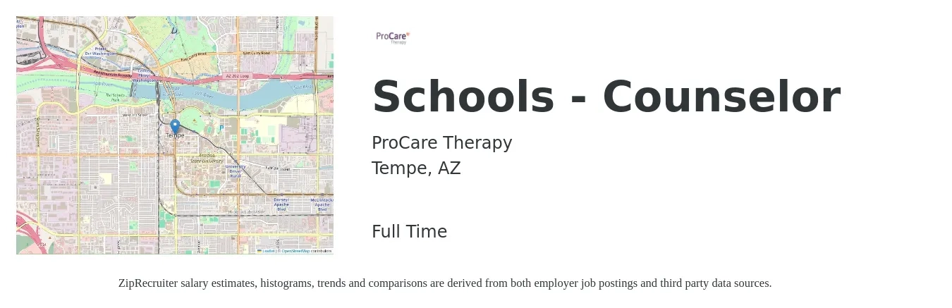 ProCare Therapy job posting for a Schools - Counselor in Tempe, AZ with a salary of $46,700 to $67,600 Yearly with a map of Tempe location.