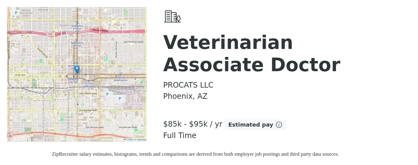PROCATS LLC job posting for a Veterinarian Associate Doctor in Phoenix, AZ with a salary of $85,000 to $95,000 Yearly with a map of Phoenix location.