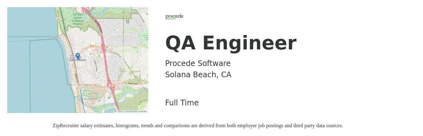 Procede Software job posting for a QA Engineer in Solana Beach, CA with a salary of $65,000 to $75,000 Yearly with a map of Solana Beach location.