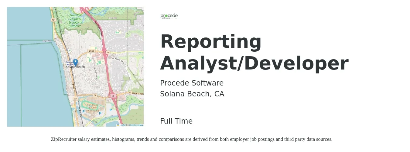 Procede Software job posting for a Reporting Analyst/Developer in Solana Beach, CA with a salary of $33 to $55 Hourly with a map of Solana Beach location.