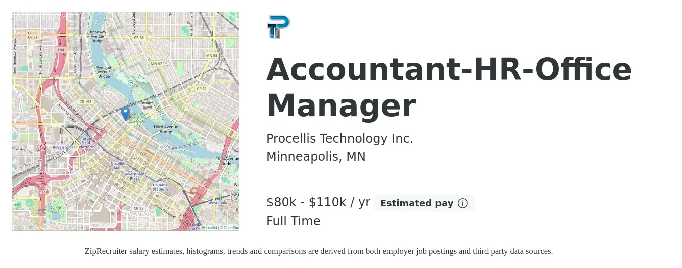 Procellis Technology Inc. job posting for a Accountant-HR-Office Manager in Minneapolis, MN with a salary of $65,000 to $90,000 Yearly with a map of Minneapolis location.