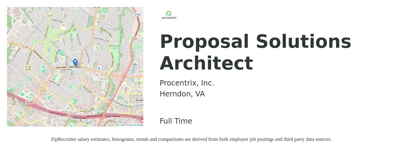 Procentrix, Inc. job posting for a Proposal Solutions Architect in Herndon, VA with a salary of $160,000 to $200,000 Yearly with a map of Herndon location.