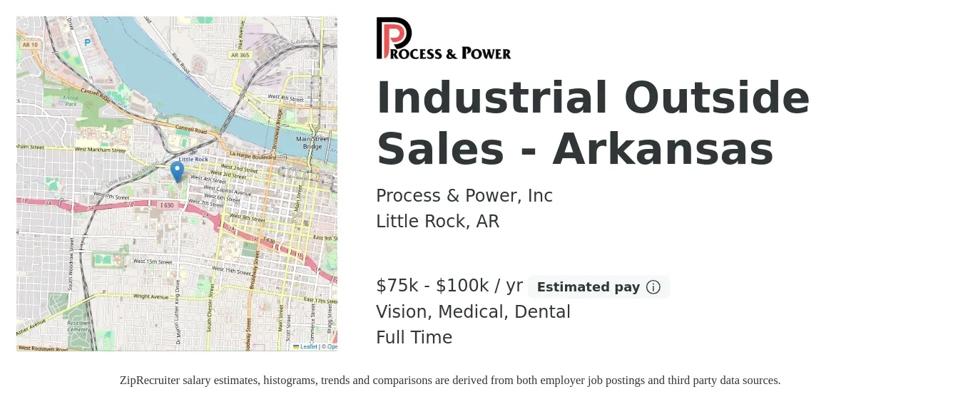 Process & Power, Inc job posting for a Industrial Outside Sales - Arkansas in Little Rock, AR with a salary of $75,000 to $100,000 Yearly (plus commission) and benefits including dental, life_insurance, medical, pto, retirement, and vision with a map of Little Rock location.