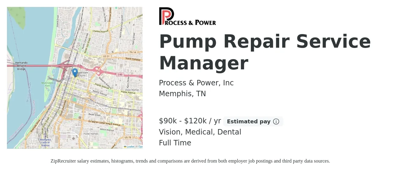 Process & Power, Inc job posting for a Pump Repair Service Manager in Memphis, TN with a salary of $90,000 to $120,000 Yearly and benefits including life_insurance, medical, pto, retirement, vision, and dental with a map of Memphis location.