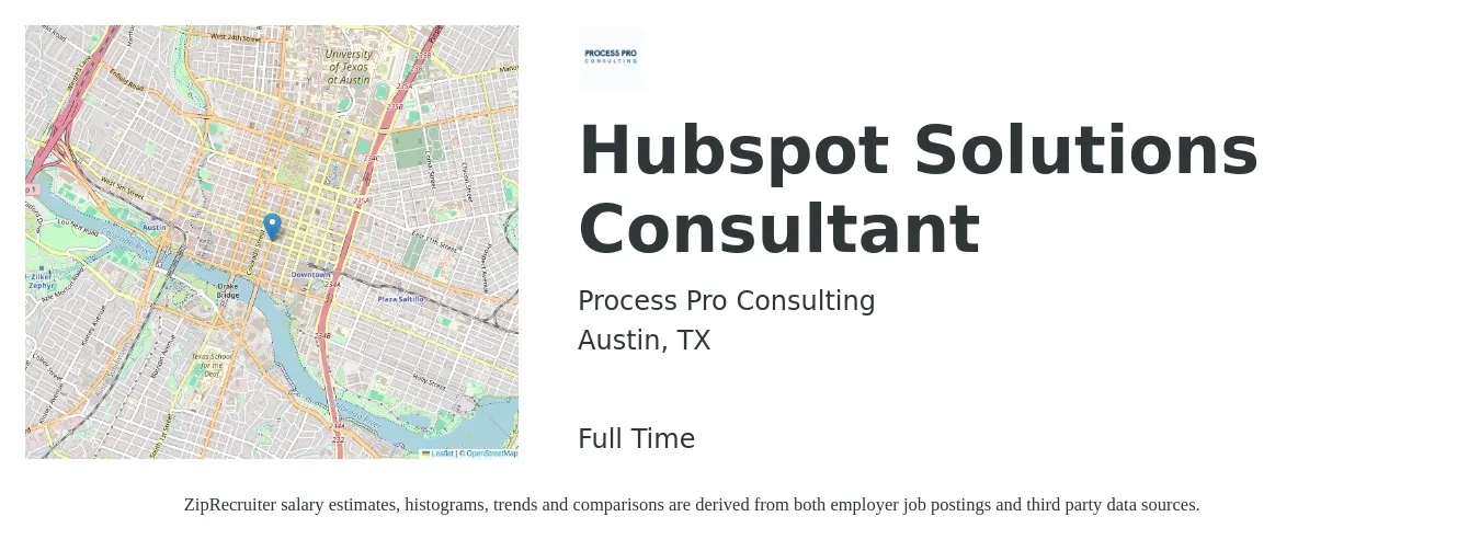 Process Pro Consulting job posting for a Hubspot Solutions Consultant in Austin, TX with a salary of $39,100 to $166,200 Yearly with a map of Austin location.