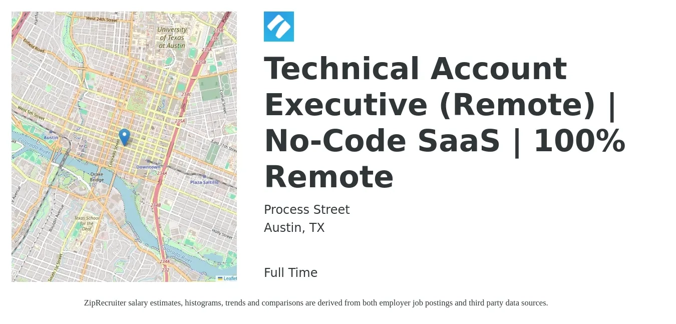 Process Street job posting for a Technical Account Executive (Remote) | No-Code SaaS | 100% Remote in Austin, TX with a salary of $53,500 to $94,200 Yearly with a map of Austin location.