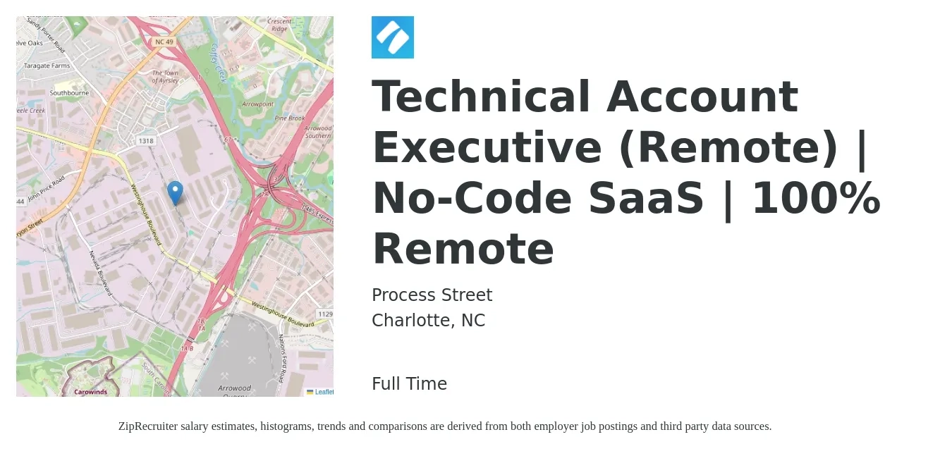 Process Street job posting for a Technical Account Executive (Remote) | No-Code SaaS | 100% Remote in Charlotte, NC with a salary of $52,700 to $92,800 Yearly with a map of Charlotte location.