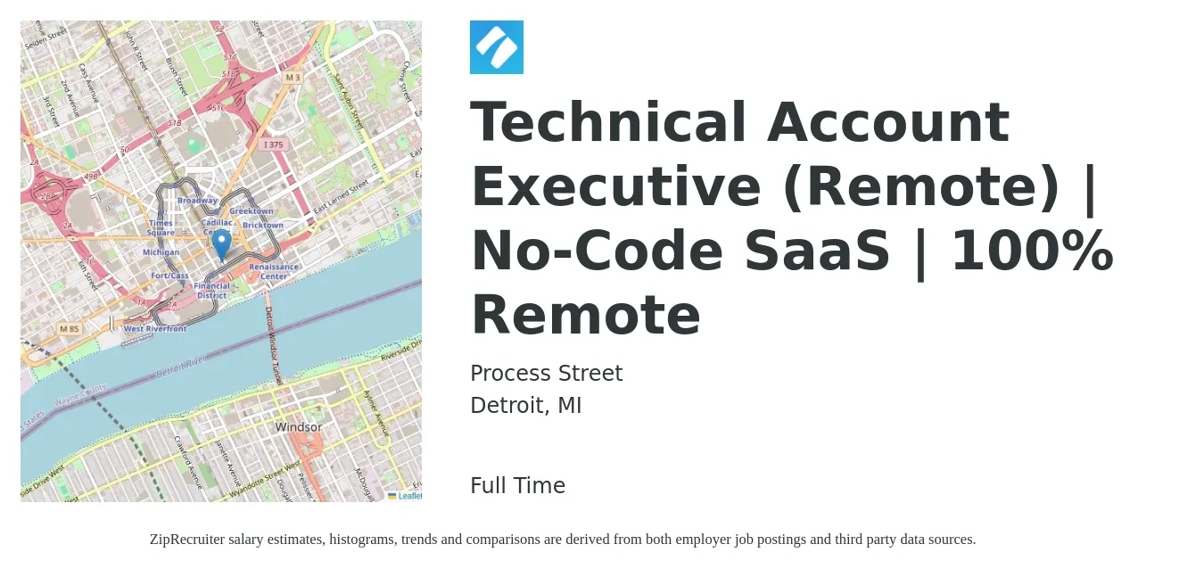 Process Street job posting for a Technical Account Executive (Remote) | No-Code SaaS | 100% Remote in Detroit, MI with a salary of $53,500 to $94,000 Yearly with a map of Detroit location.