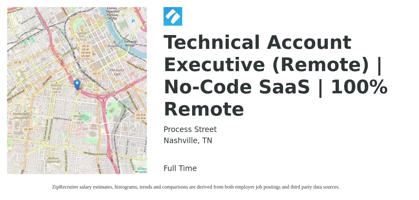 Process Street job posting for a Technical Account Executive (Remote) | No-Code SaaS | 100% Remote in Nashville, TN with a salary of $52,200 to $91,800 Yearly with a map of Nashville location.