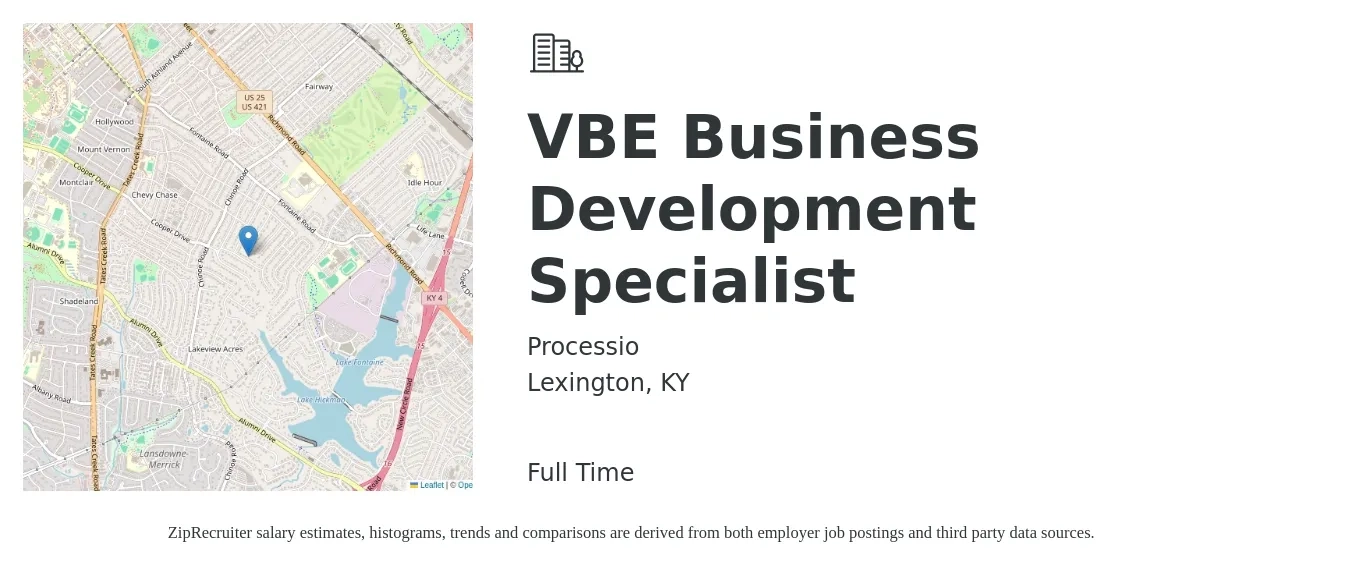 Processio job posting for a VBE Business Development Specialist in Lexington, KY with a salary of $46,700 to $78,000 Yearly with a map of Lexington location.