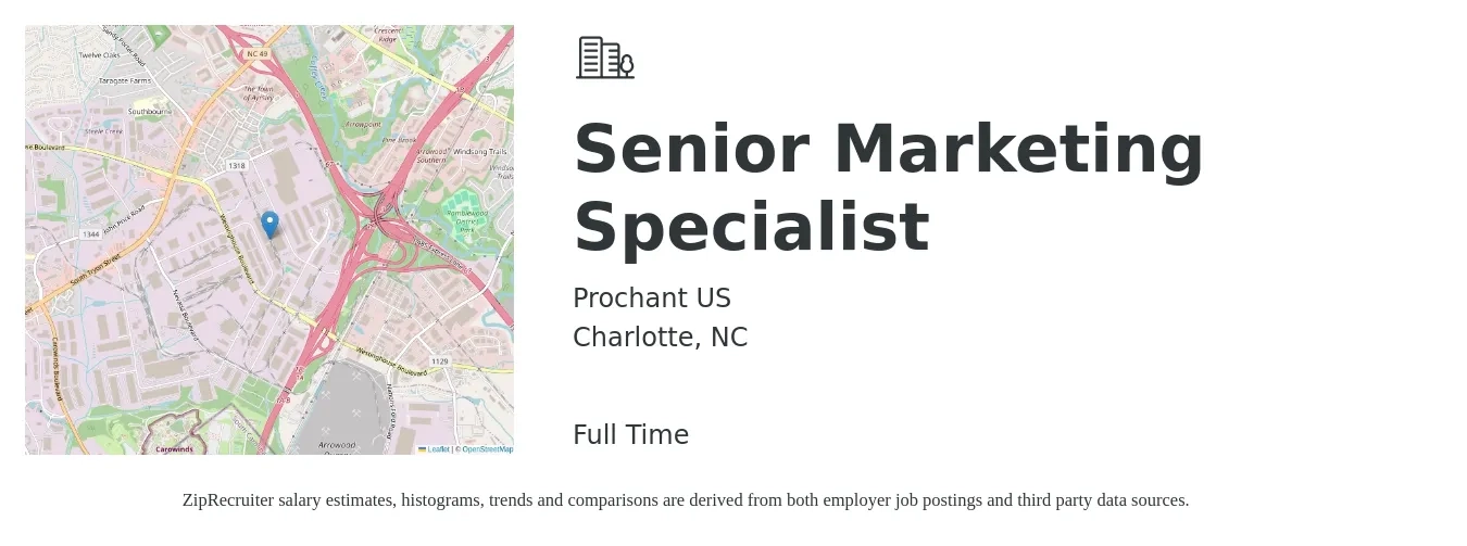 Prochant US job posting for a Senior Marketing Specialist in Charlotte, NC with a salary of $76,200 to $94,300 Yearly with a map of Charlotte location.