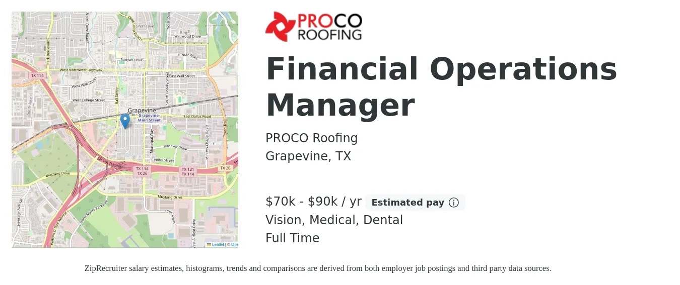 PROCO Roofing job posting for a Financial Operations Manager in Grapevine, TX with a salary of $70,000 to $90,000 Yearly (plus commission) and benefits including dental, medical, pto, retirement, and vision with a map of Grapevine location.