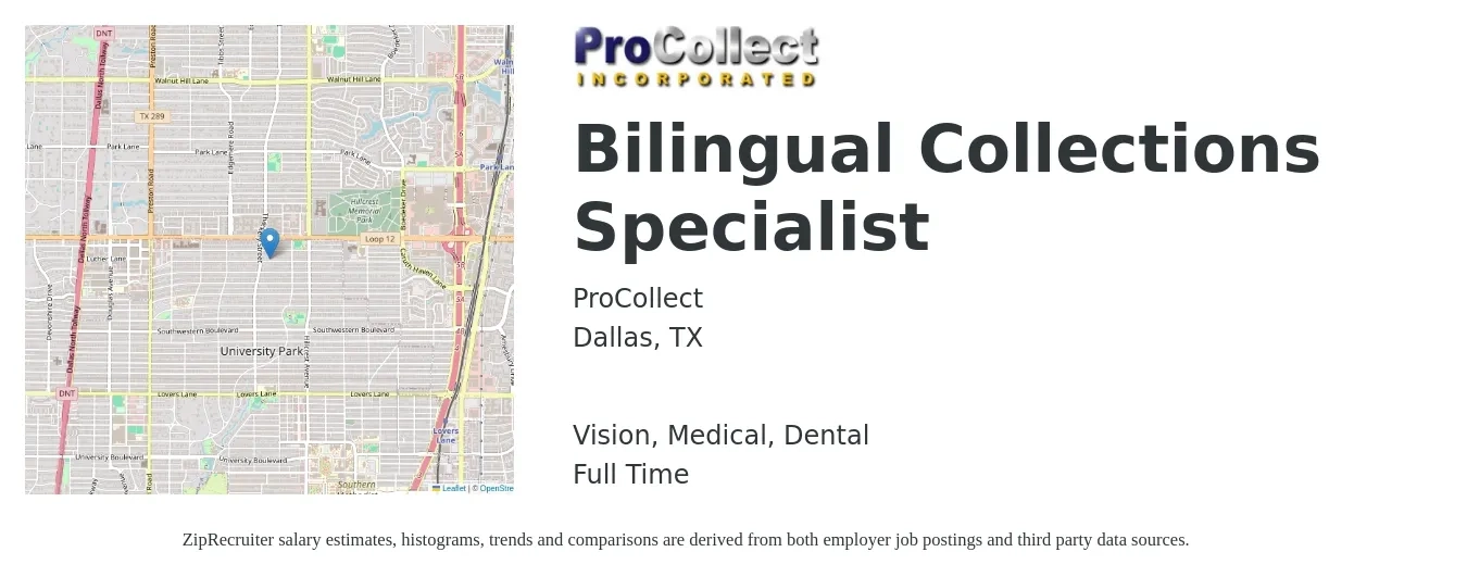 ProCollect job posting for a Bilingual Collections Specialist in Dallas, TX with a salary of $2,500 to $3,000 Monthly and benefits including vision, dental, and medical with a map of Dallas location.