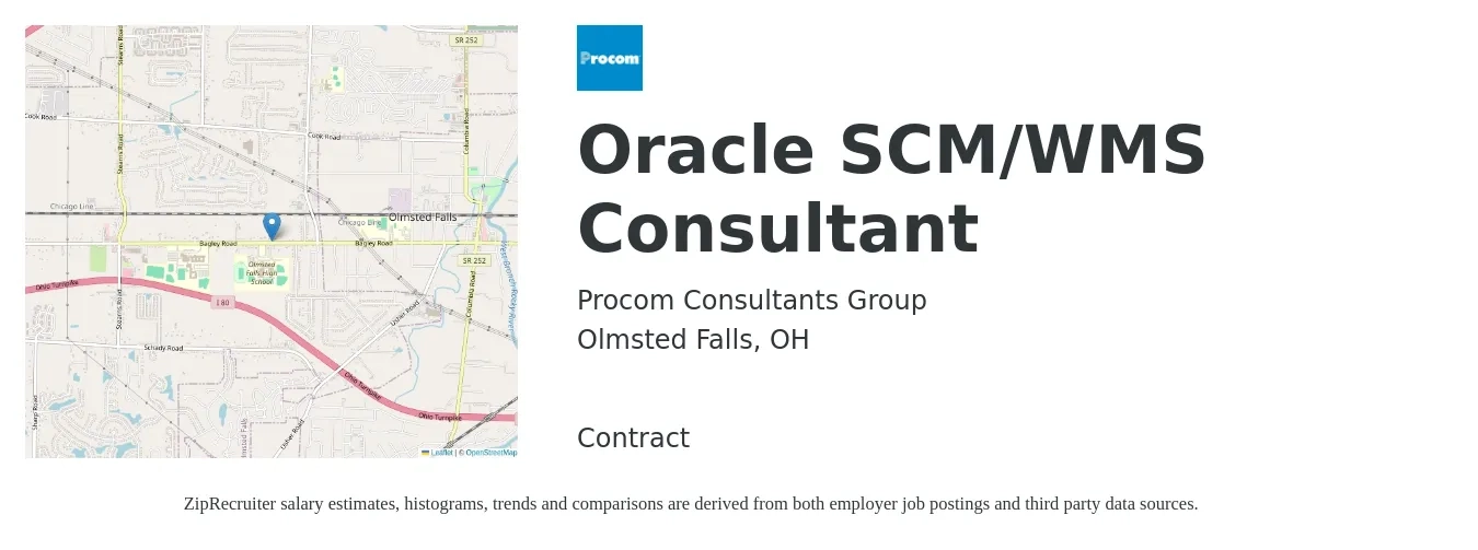 Procom Consultants Group job posting for a Oracle SCM/WMS Consultant in Olmsted Falls, OH with a salary of $62 to $78 Hourly with a map of Olmsted Falls location.