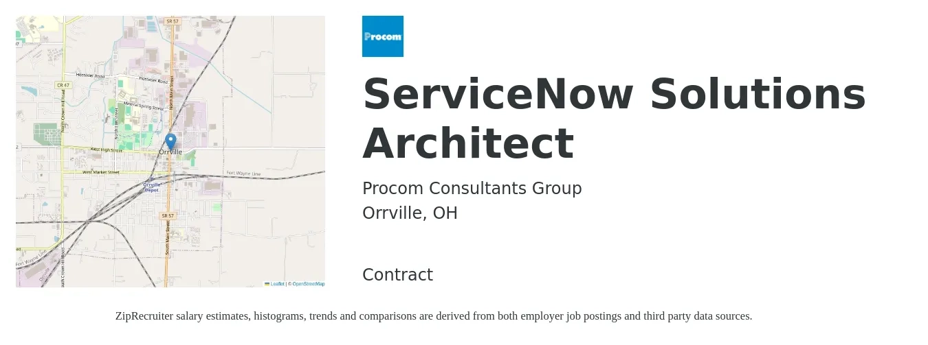 Procom Consultants Group job posting for a ServiceNow Solutions Architect in Orrville, OH with a salary of $67 to $84 Hourly with a map of Orrville location.