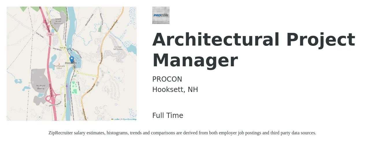 PROCON job posting for a Architectural Project Manager in Hooksett, NH with a salary of $79,100 to $105,800 Yearly with a map of Hooksett location.