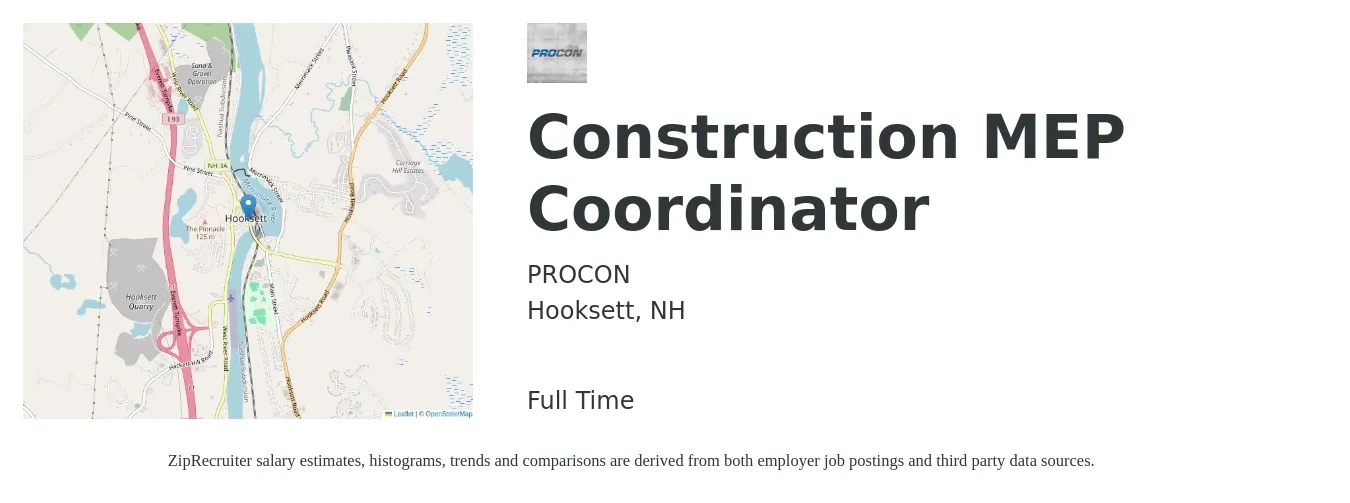 PROCON job posting for a Construction MEP Coordinator in Hooksett, NH with a salary of $22 to $35 Hourly with a map of Hooksett location.