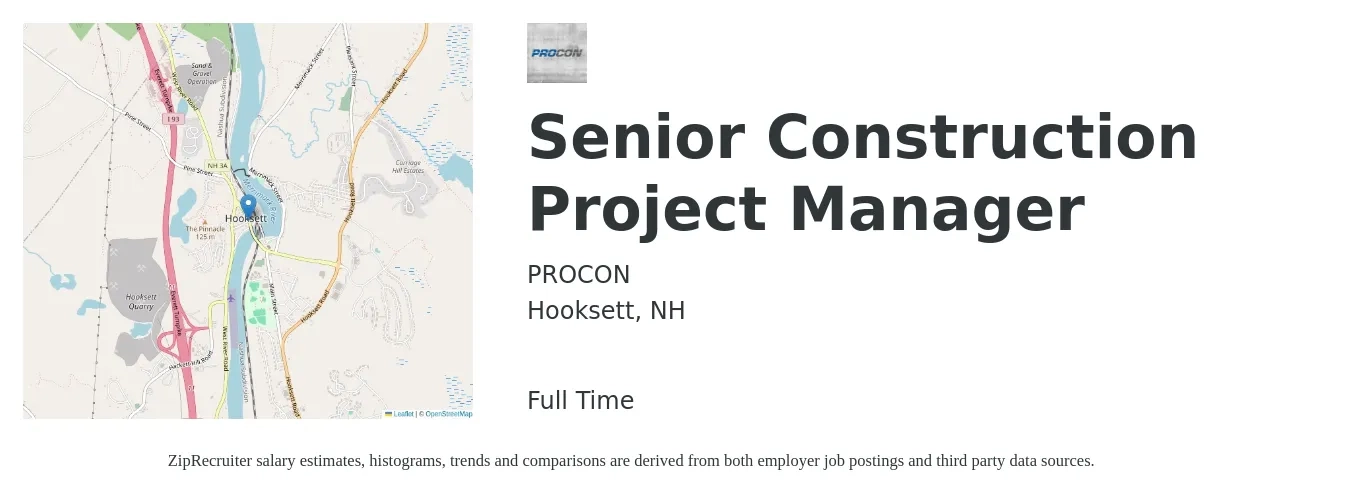PROCON job posting for a Senior Construction Project Manager in Hooksett, NH with a salary of $110,200 to $149,800 Yearly with a map of Hooksett location.