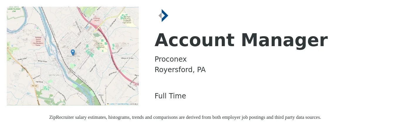Proconex job posting for a Account Manager in Royersford, PA with a salary of $47,600 to $77,900 Yearly with a map of Royersford location.