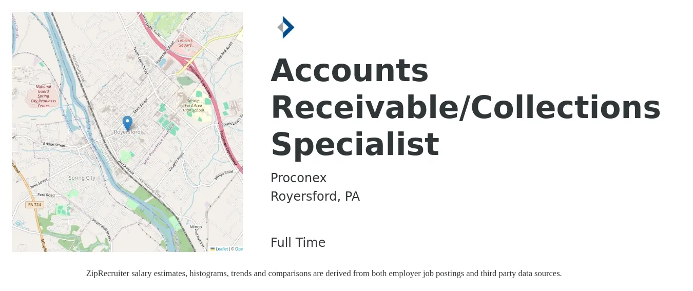 Proconex job posting for a Accounts Receivable/Collections Specialist in Royersford, PA with a salary of $20 to $26 Hourly with a map of Royersford location.