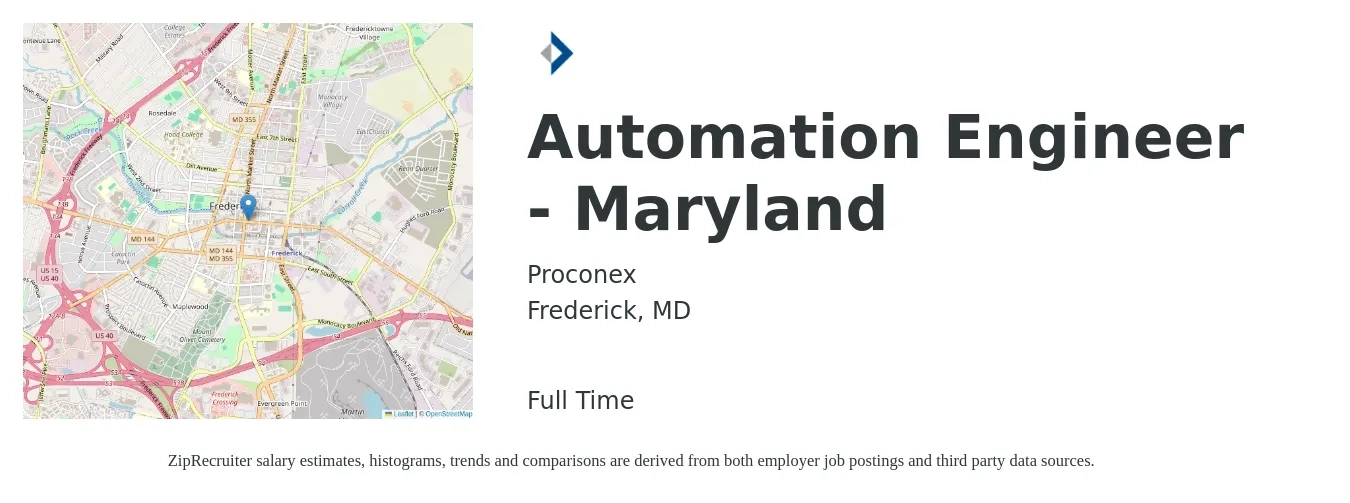 Proconex job posting for a Automation Engineer - Maryland in Frederick, MD with a salary of $86,000 to $122,800 Yearly with a map of Frederick location.
