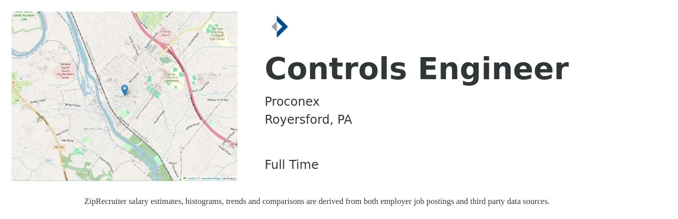Proconex job posting for a Controls Engineer in Royersford, PA with a salary of $82,900 to $107,200 Yearly with a map of Royersford location.