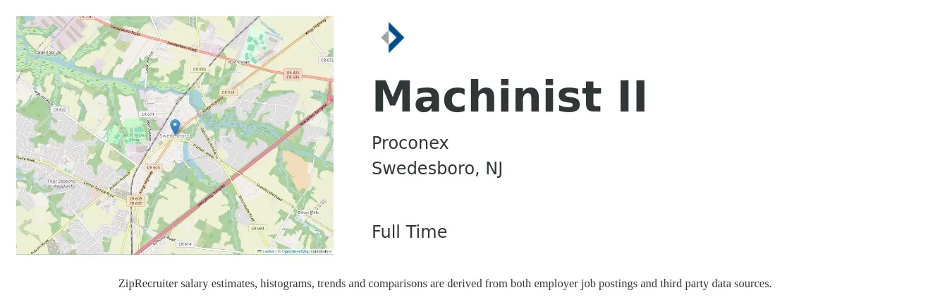 Proconex job posting for a Machinist II in Swedesboro, NJ with a salary of $22 to $29 Hourly with a map of Swedesboro location.