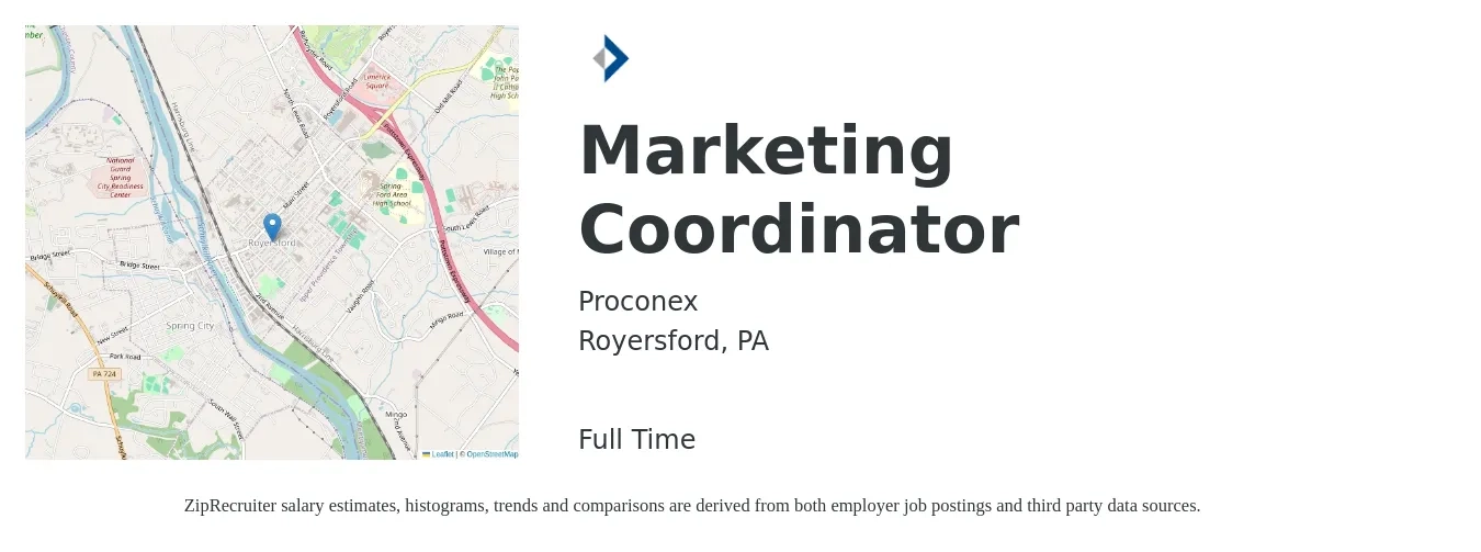 Proconex job posting for a Marketing Coordinator in Royersford, PA with a salary of $42,200 to $58,100 Yearly with a map of Royersford location.