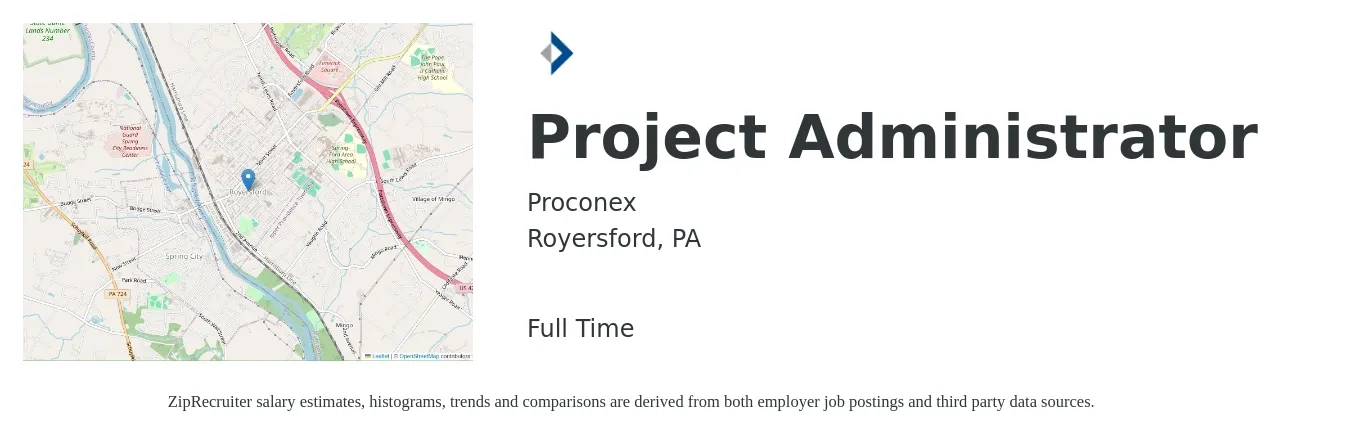 Proconex job posting for a Project Administrator in Royersford, PA with a salary of $22 to $34 Hourly with a map of Royersford location.