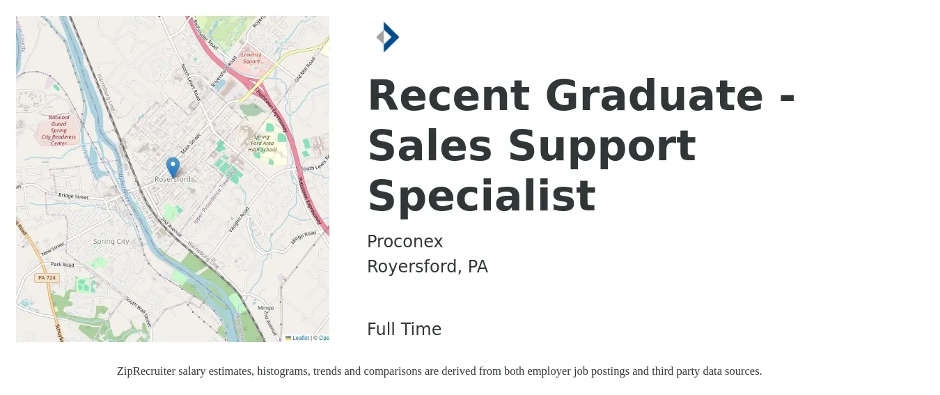 Proconex job posting for a Recent Graduate - Sales Support Specialist in Royersford, PA with a salary of $22 to $30 Hourly with a map of Royersford location.