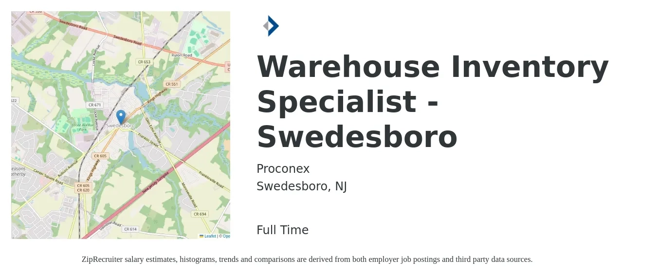 Proconex job posting for a Warehouse Inventory Specialist - Swedesboro in Swedesboro, NJ with a salary of $18 to $22 Hourly with a map of Swedesboro location.