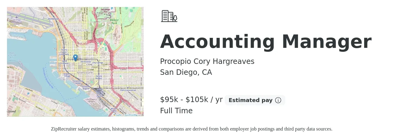 Procopio Cory Hargreaves job posting for a Accounting Manager in San Diego, CA with a salary of $95,000 to $105,000 Yearly with a map of San Diego location.
