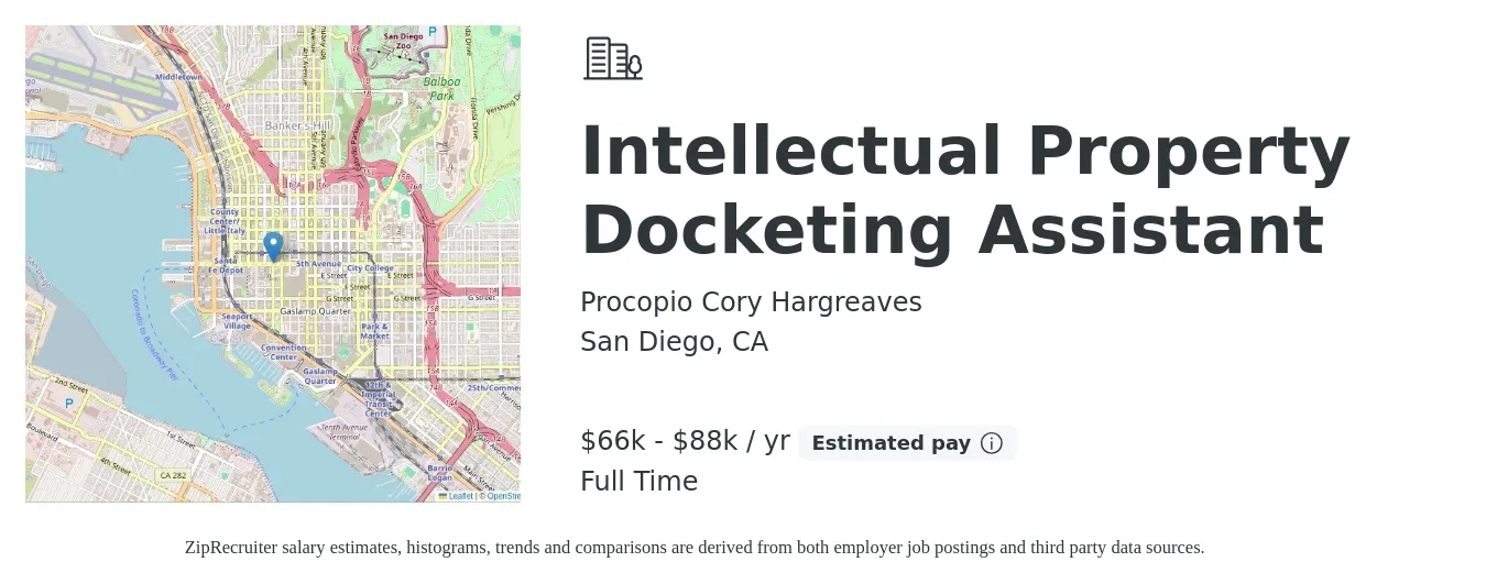 Procopio Cory Hargreaves job posting for a Intellectual Property Docketing Assistant in San Diego, CA with a salary of $66,000 to $88,000 Yearly with a map of San Diego location.
