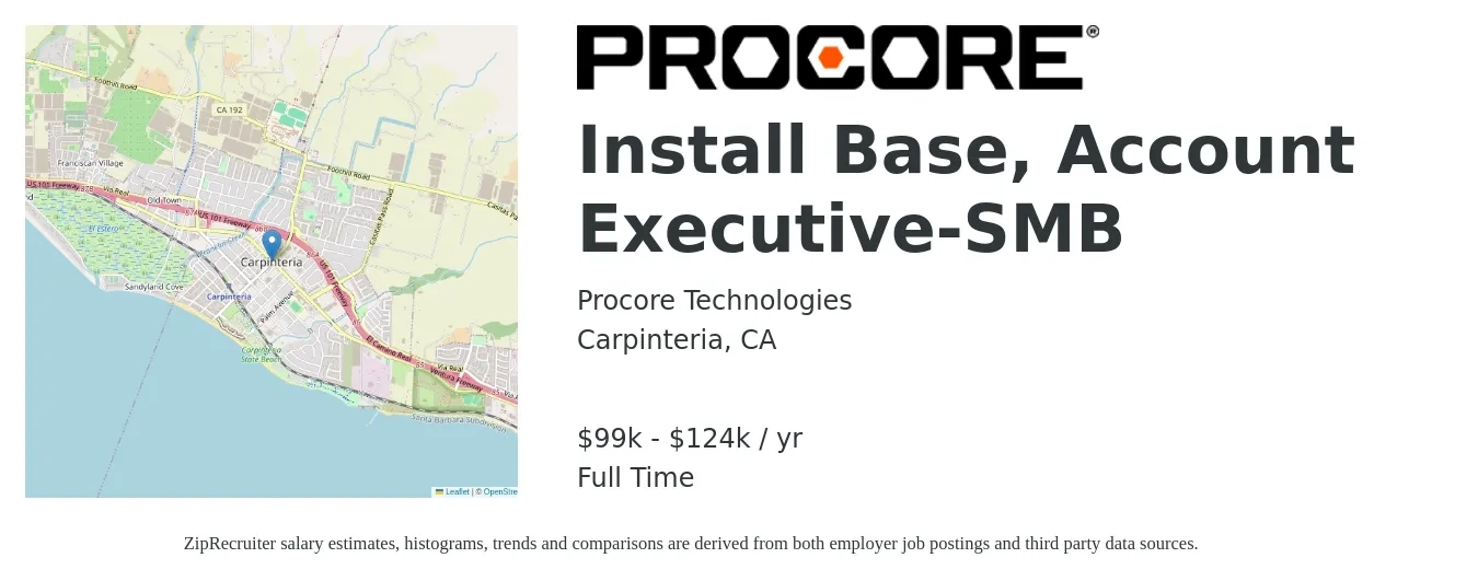 Procore Technologies job posting for a Install Base, Account Executive-SMB in Carpinteria, CA with a salary of $99,600 to $124,500 Yearly with a map of Carpinteria location.